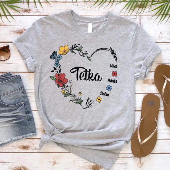 Srce od cveća sa imenima - Majica za Tetku